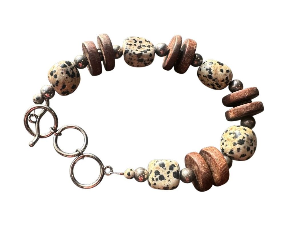 Artisan Dalmatian Jasper & Wood Bead Toggle Bracelet Boho Chic